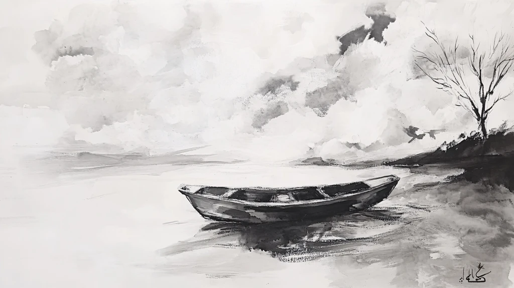水彩孤舟