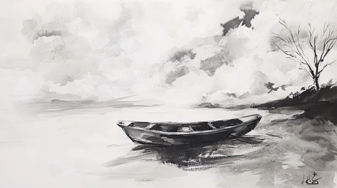 水彩孤舟