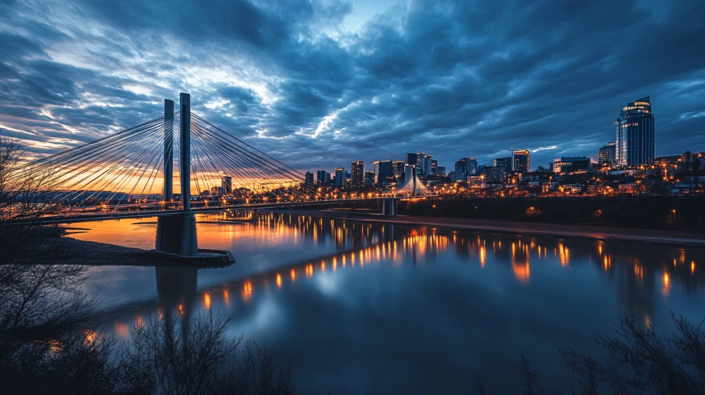 城市天际桥梁映河