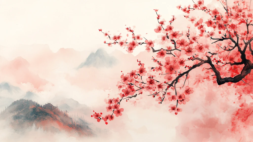 桃花水墨山水画