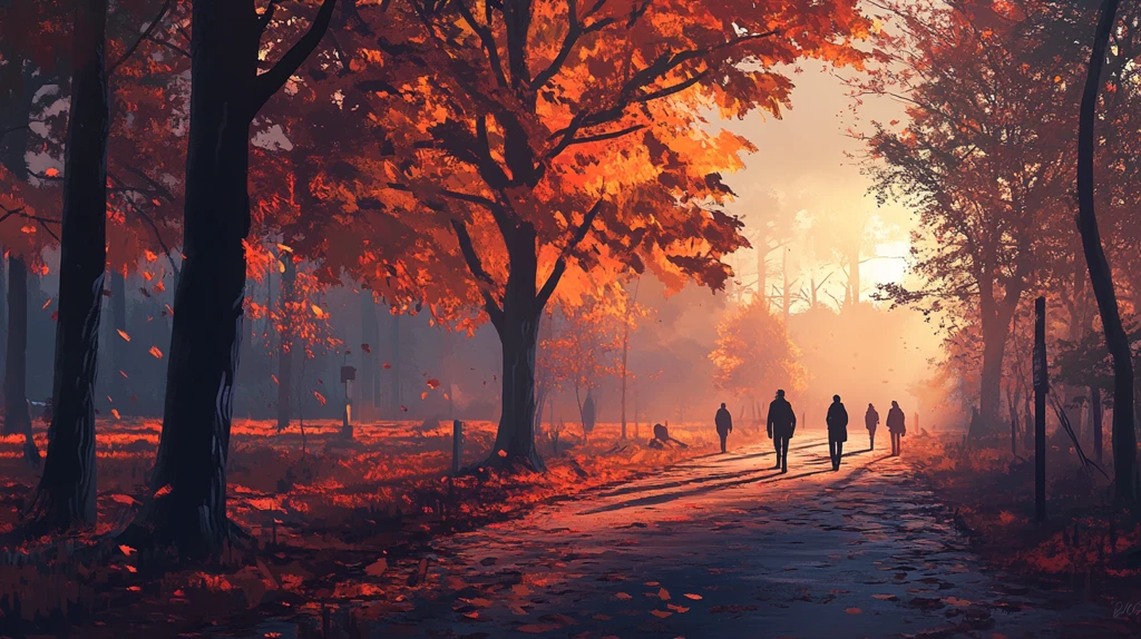 金色树叶小路落叶行人