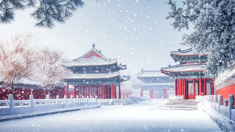 手绘故宫雪景