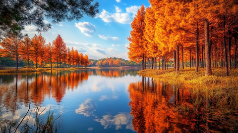 湖畔水杉树秋色