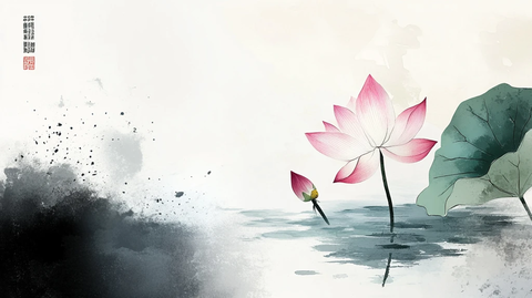 意境风景画水彩荷花