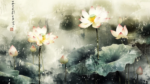 意境风景画水彩荷花