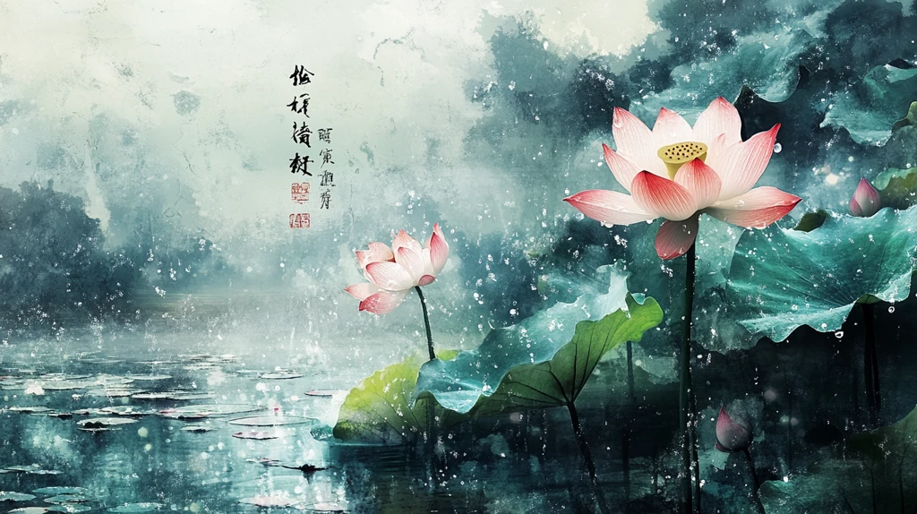 意境风景画水彩荷花