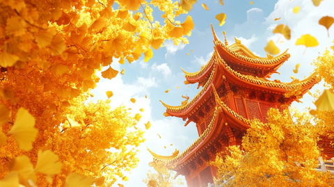 鸿恩阁银杏树叶像拂尘