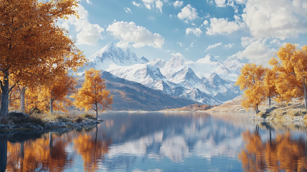 雪山湖水胡杨林金色