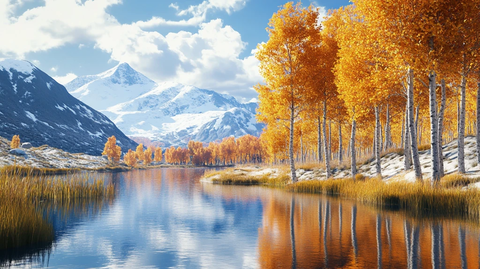 森林雪山高山湖泊黄叶