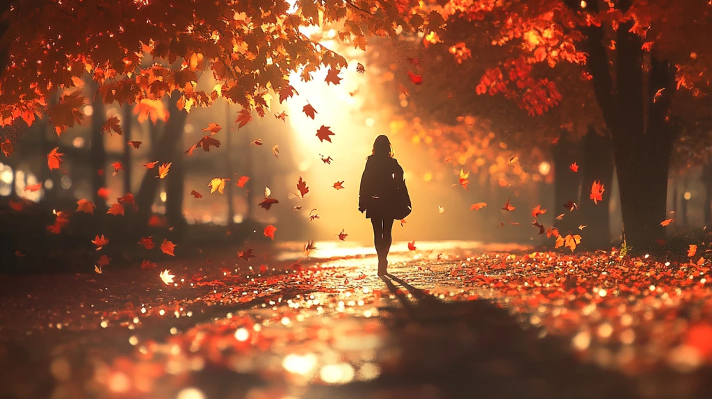 金色树叶小路落叶行人