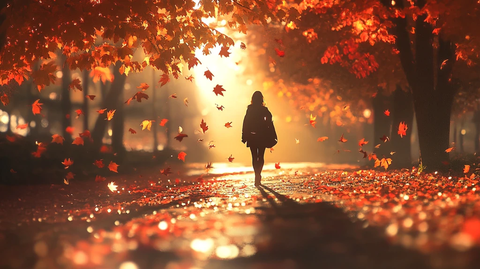 金色树叶小路落叶行人