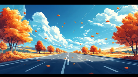 蓝天白云道路秋色