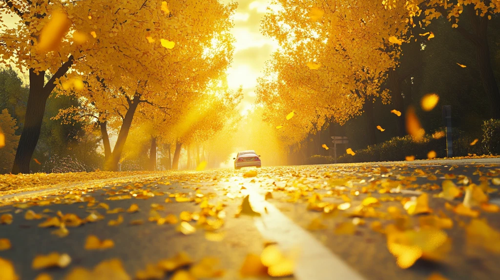 金色树叶铺满道路