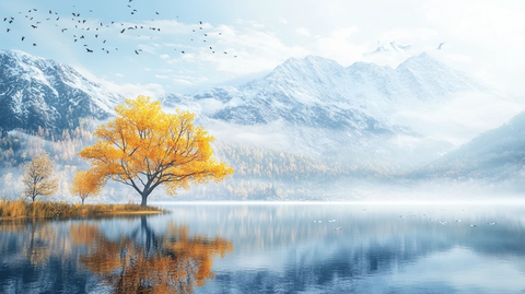 湖畔树山水画金色地产