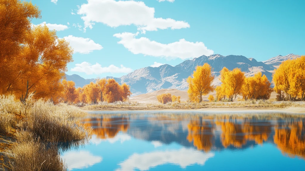 蓝色湖水金色胡杨雪山