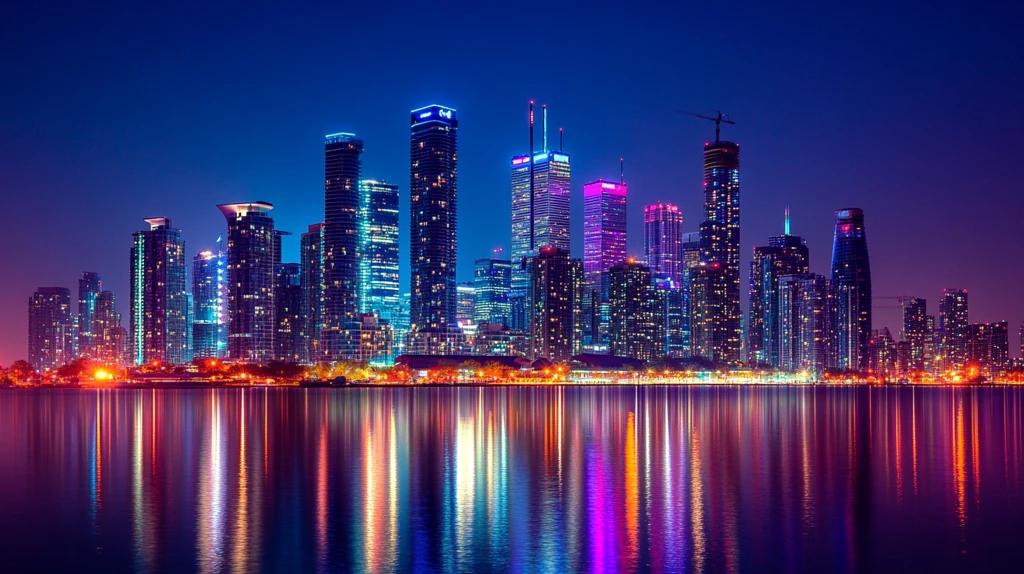 湖边高楼霓虹夜色