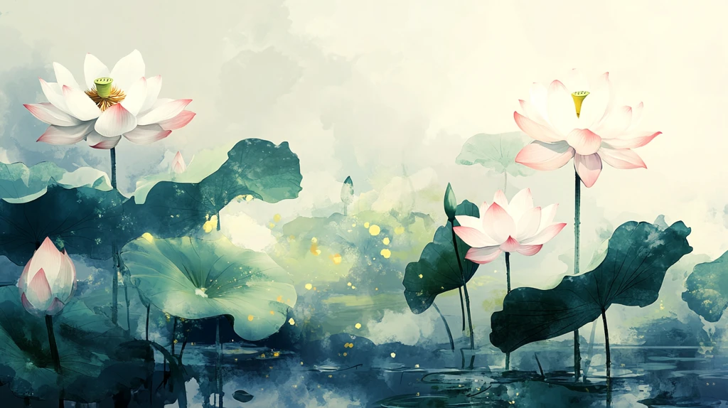 意境风景画水彩荷花