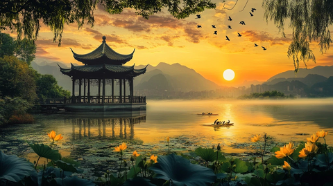 夕阳下的湖心亭