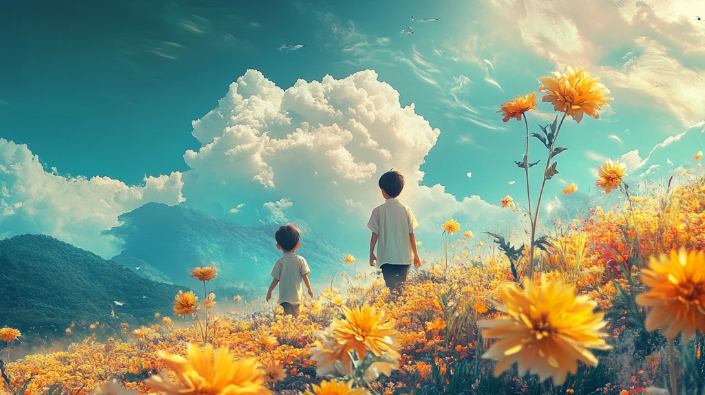 向日葵中的男生背影