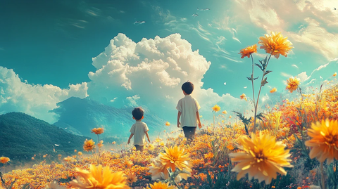 向日葵中的男生背影