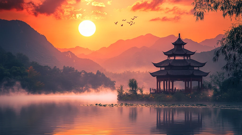 亭台楼阁旭日东升