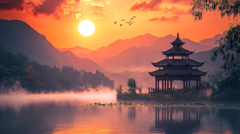 亭台楼阁旭日东升