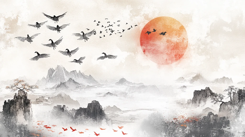 仙境仙鹤水墨山水画