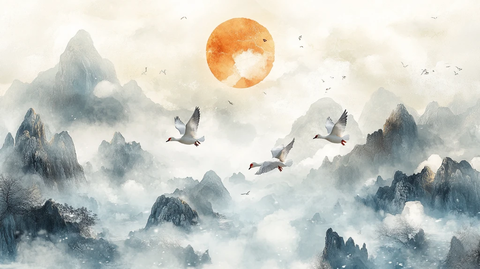 仙鹤古风山水插画