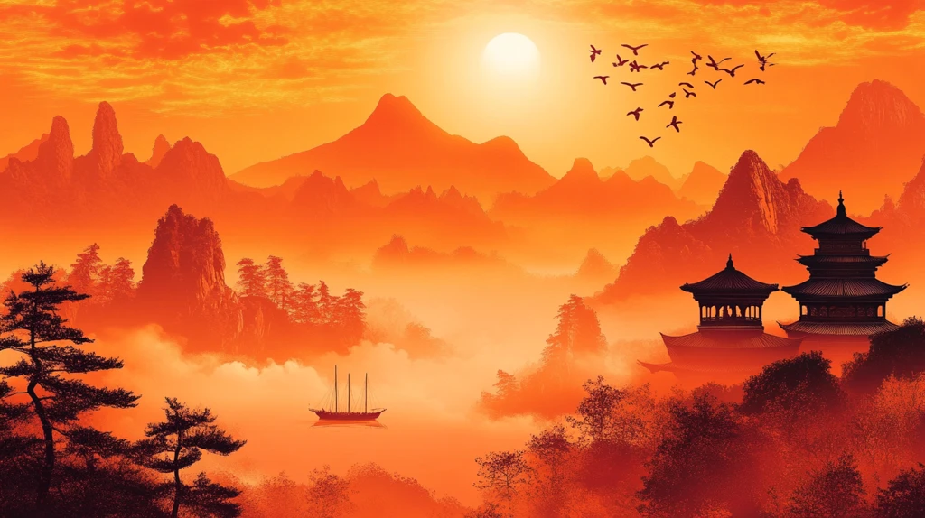 旭日东升楼阁山水画