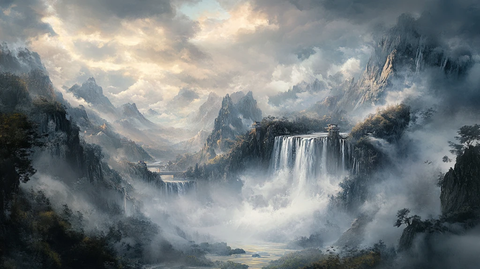 山水风景油画瀑布