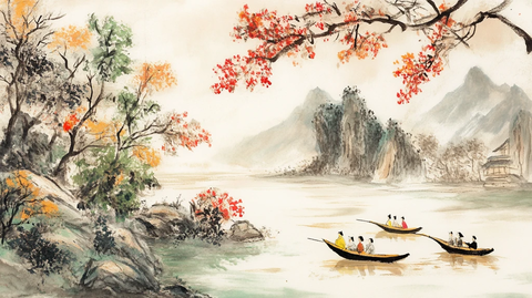 红叶古风山水画