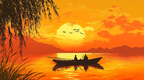 夕阳下泛舟