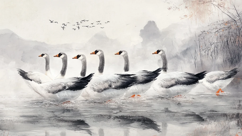 白鹅浮水水墨画