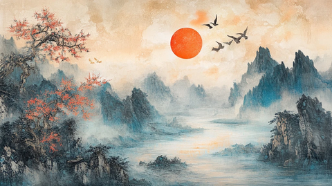 红日水墨山水