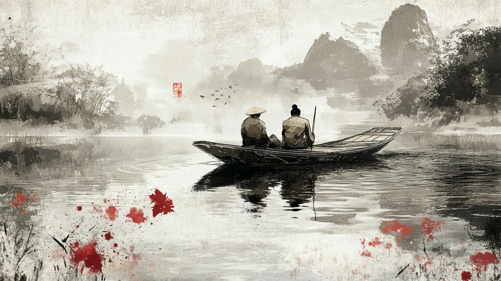 水墨渔夫垂钓水乡