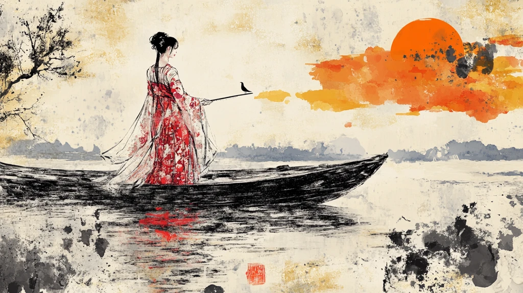 红色小舟水墨画