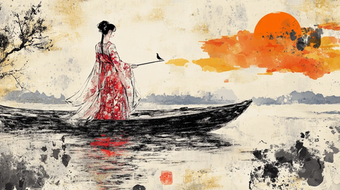 红色小舟水墨画