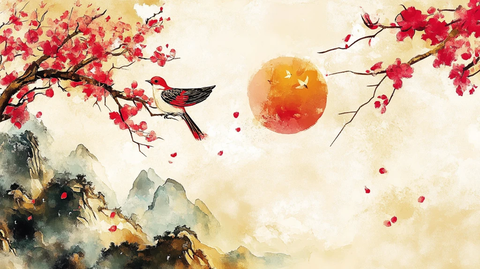 新中式手绘红色花鸟