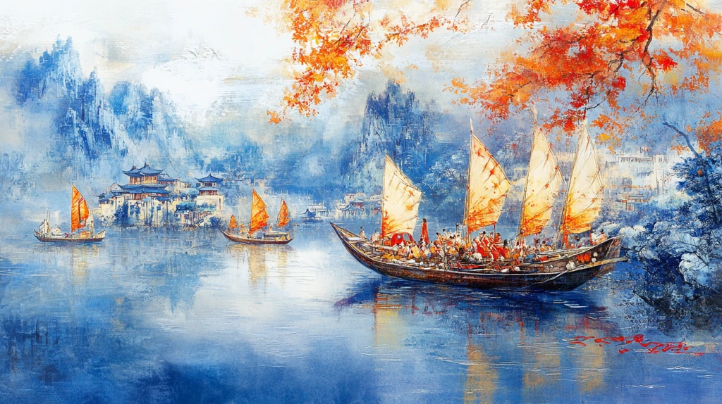 水上船家山水画