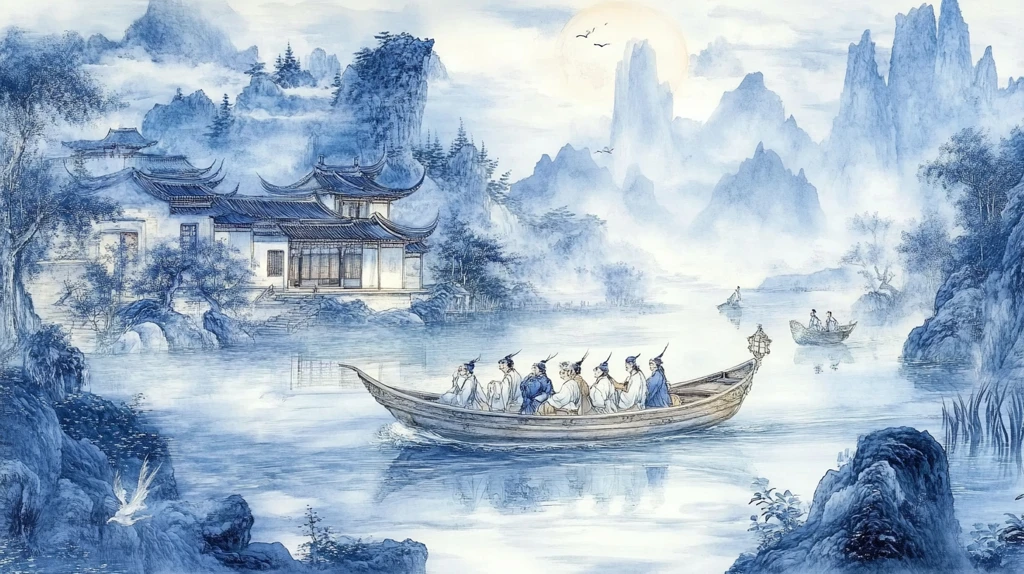 新中式山水描金楼阁画