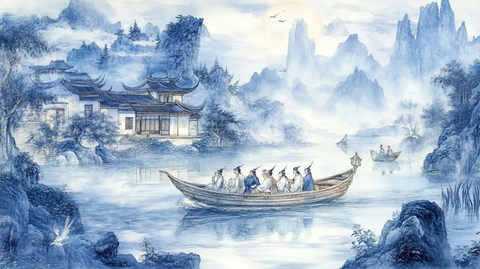 新中式山水描金楼阁画