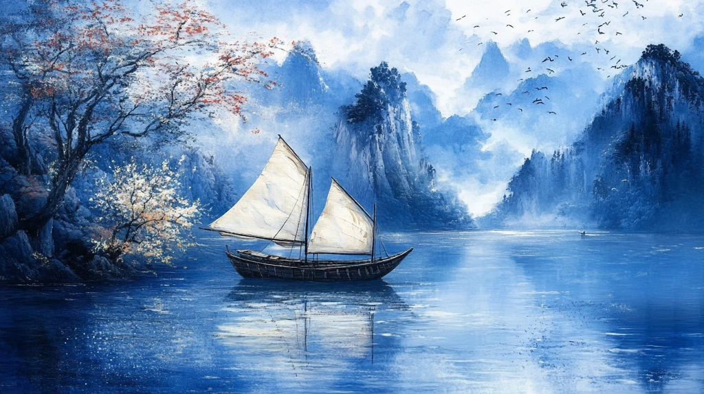 舟河流山峰背景墙