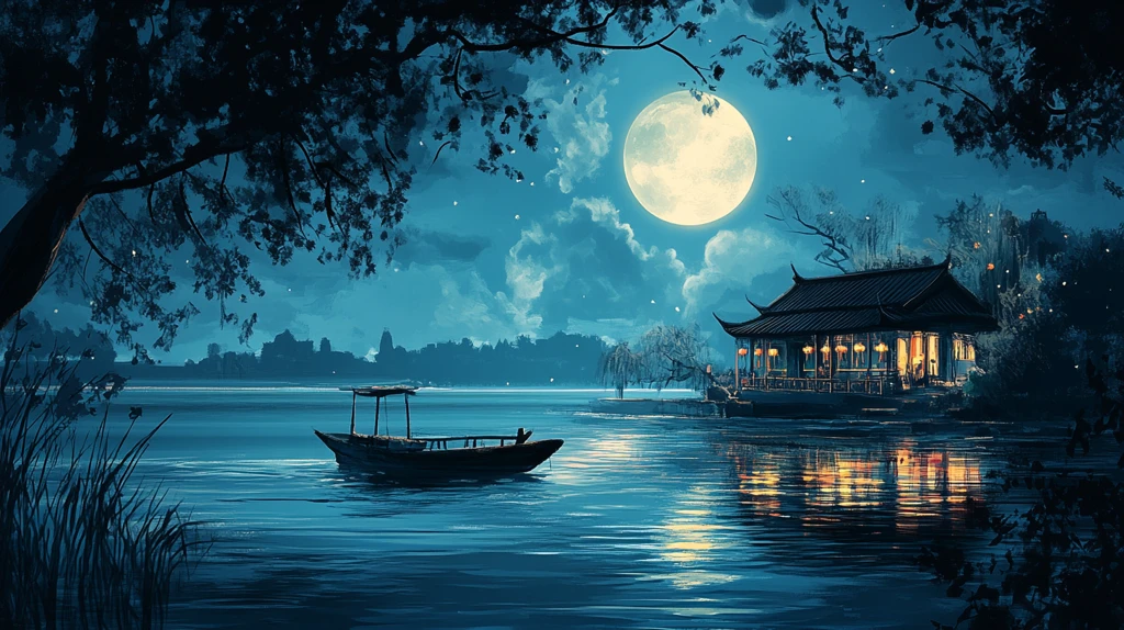 虎溪夜月景点插画