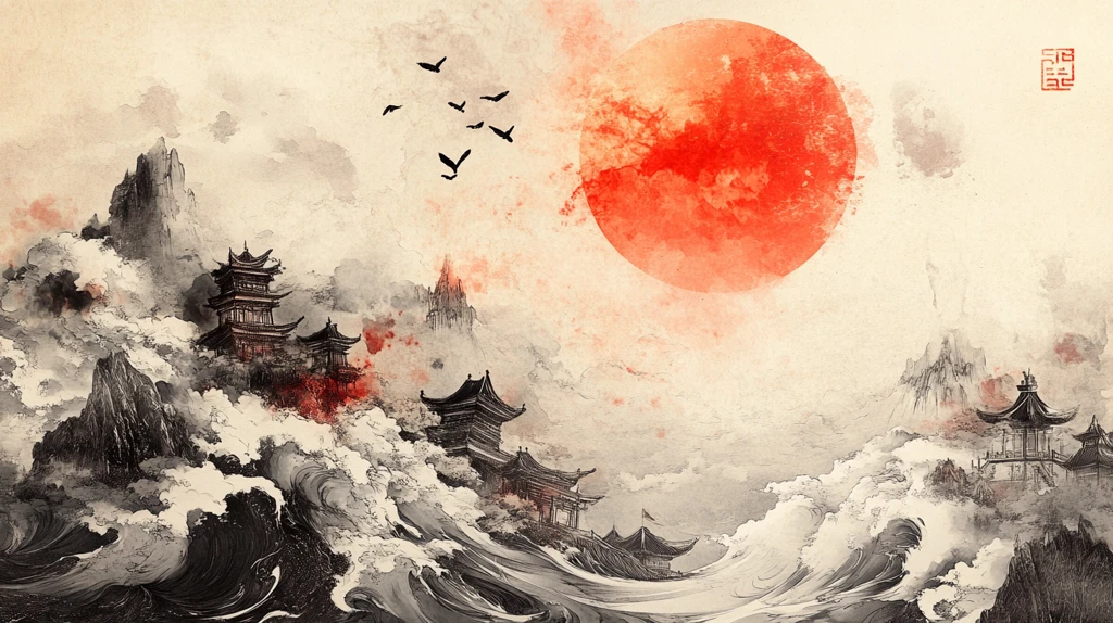 红日水墨山水