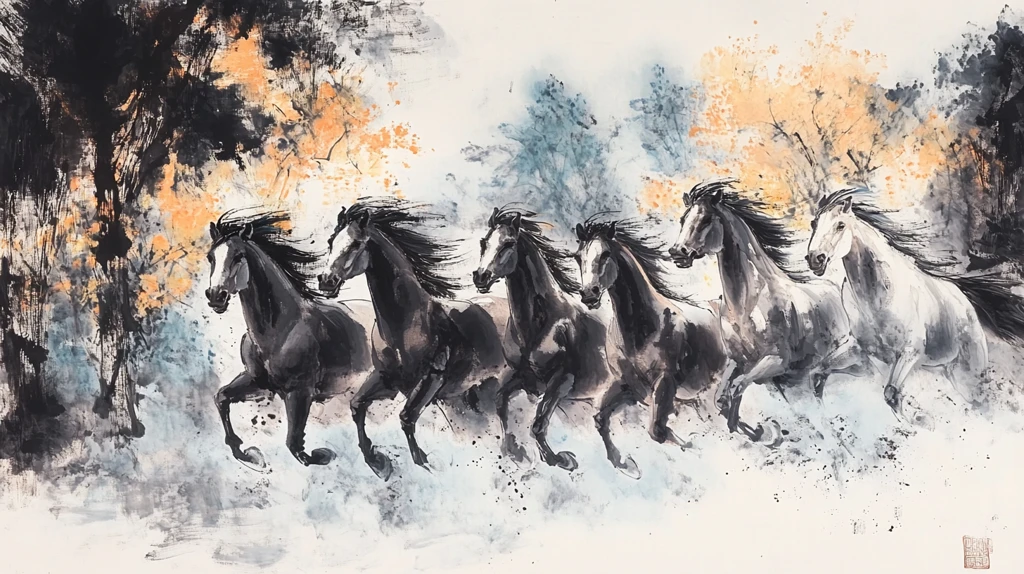 水墨奔马图巨幅壁画