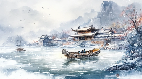 插画横店水彩水墨山水