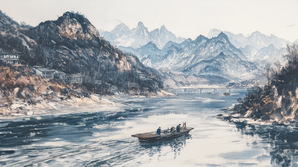 山峰渔船群山油画壁画