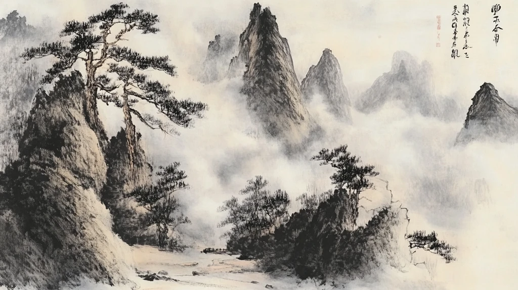 水墨迎客松远山