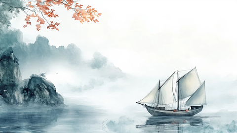 水墨山水画帆船