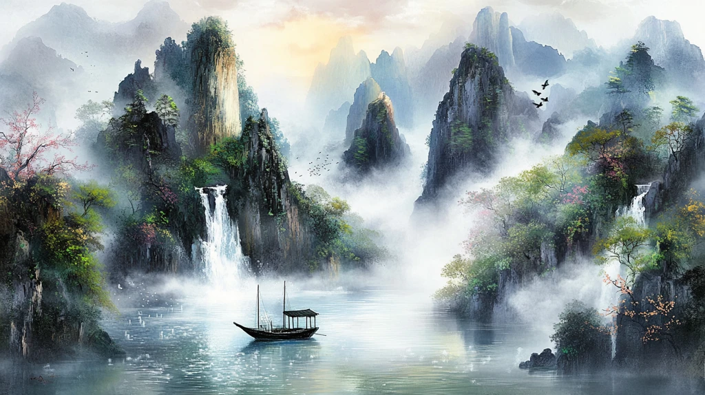 舟河流山峰背景墙